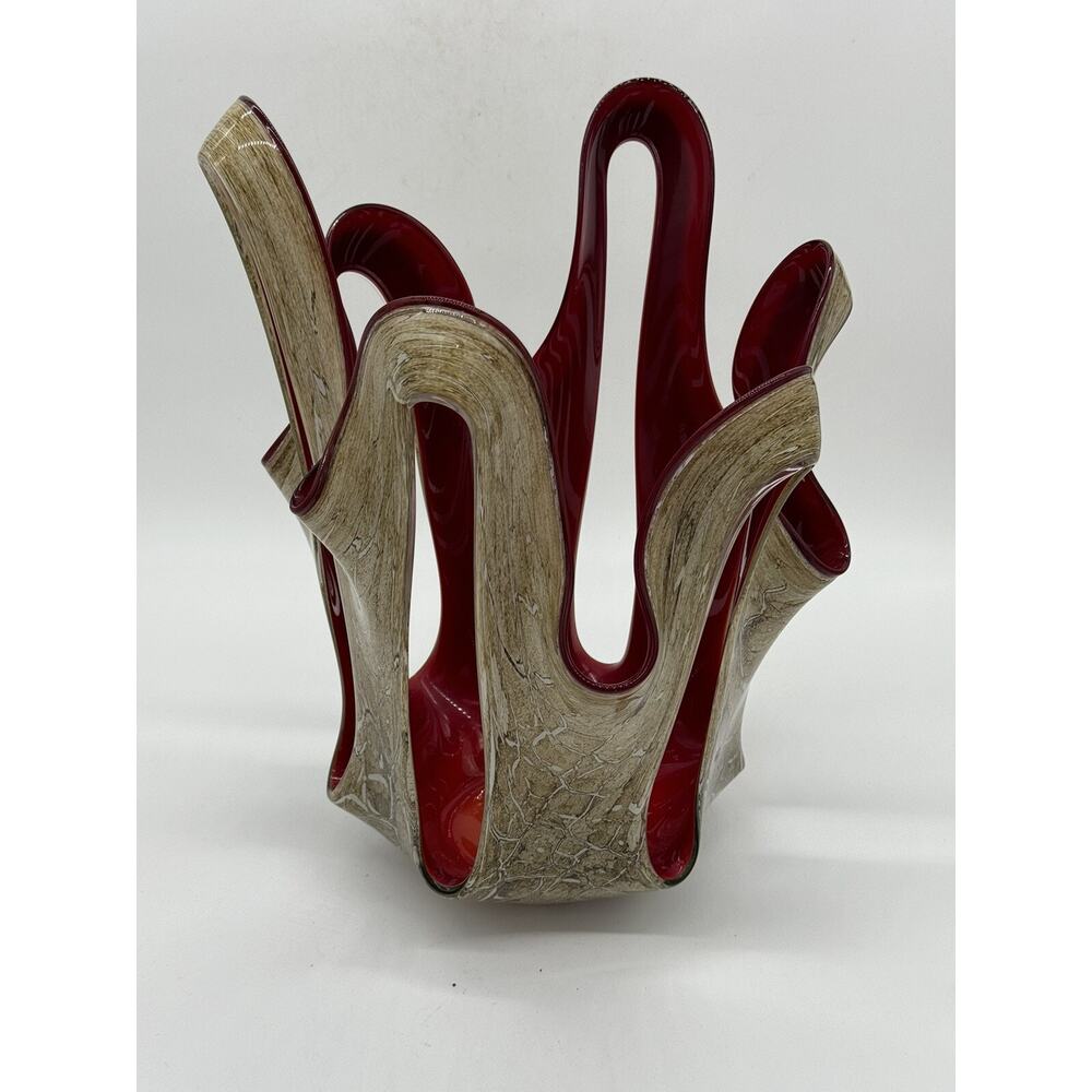 JÓZEFINA KROSNO Poland Hand Blown Pulled Brown Marbled Red Interior Vase 16"H